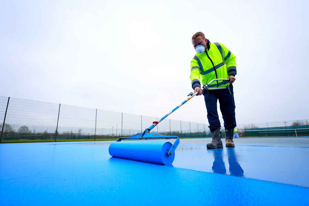 Court respraying and surface coating on a hard tennis court.